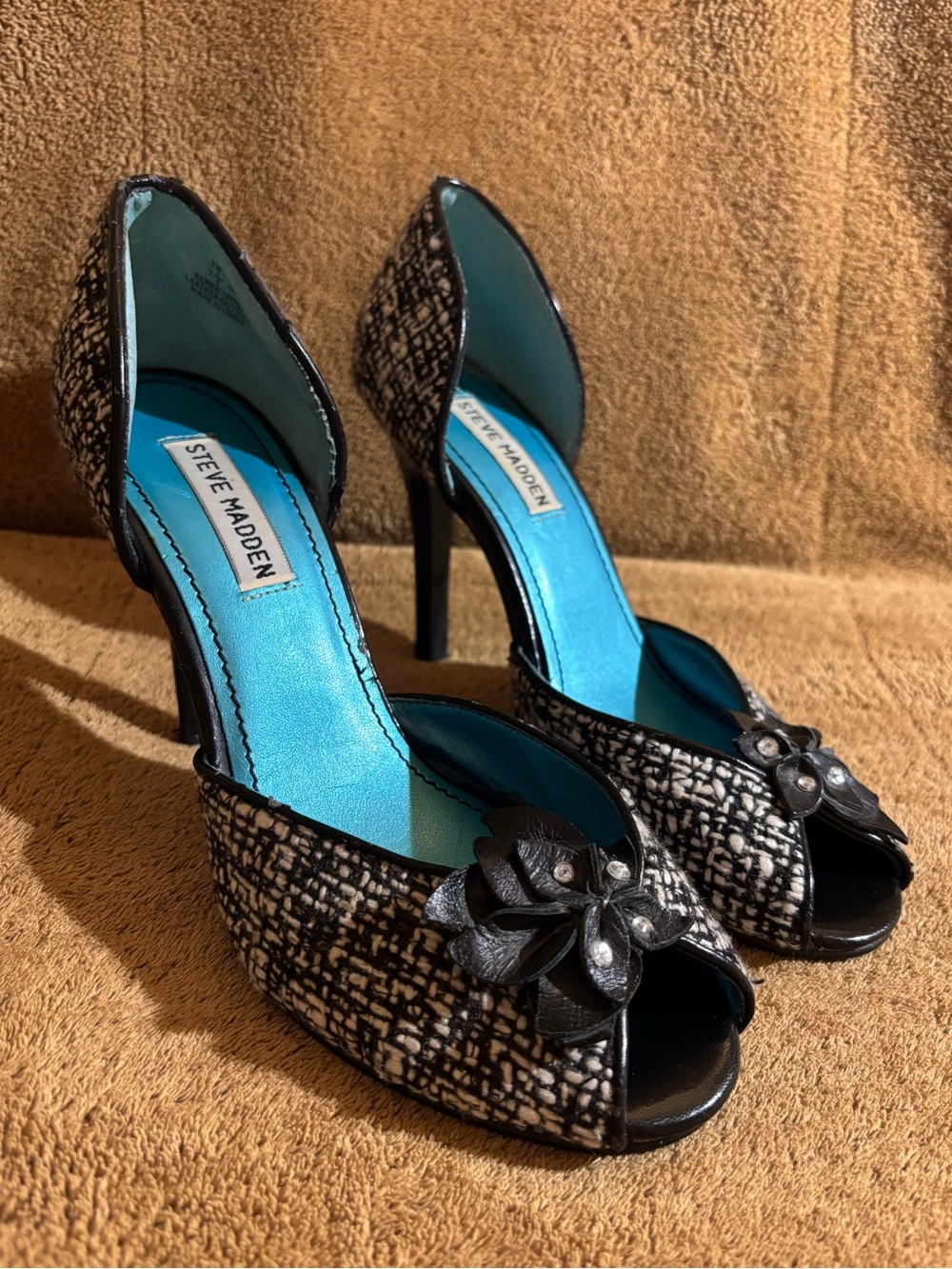 Steve Madden Black & Turquoise Peep-Toe D'Orsay Heels with Floral Accent